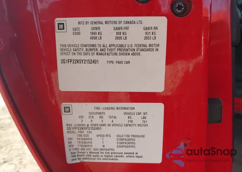 2000 Chevrolet Camaro from USA, damaged, VIN 2G1FP22K9Y2152491